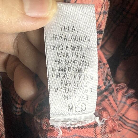 Easel Oversized Plaid Button Down Tunic Shirt M Coral Frayed Hem Boho Grunge - Picture 5 of 8